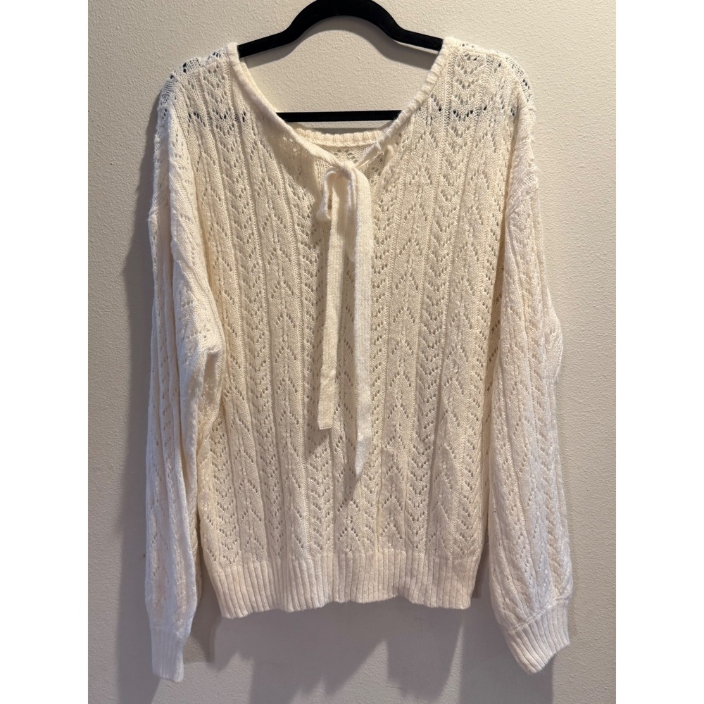 Blu Pepper Cream Pointelle Knit Back Tie Sweater Ivory Chevron Crochet - Picture 4 of 5